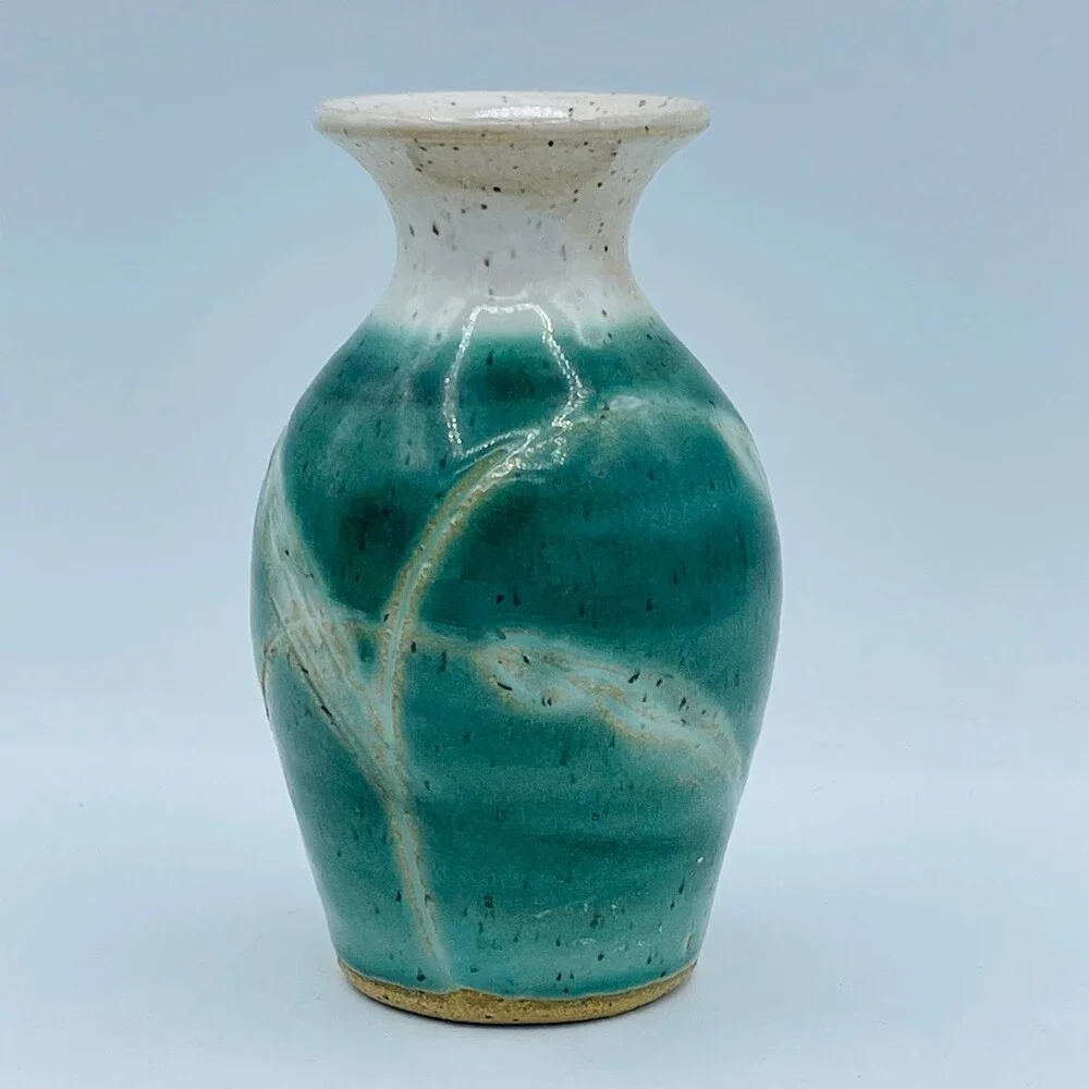 Vintage Handmade Pottery Ceramic Vase Green Gold Speckled Glaze 5